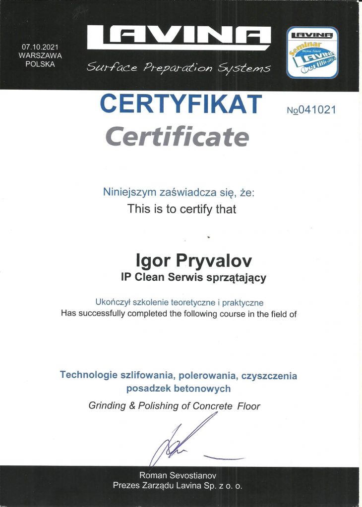 Certyfikat dla firmy sprzątającej IP Clean